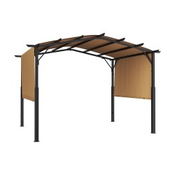Pergola teräsrunko kolme metriä leveä ja kolme metriä syvä polyesterikatoksella beige