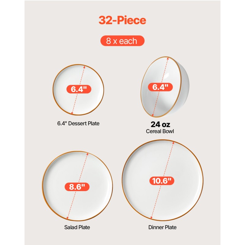 Keramiikkainen 32-osainen astiasetti 8 hengelle norsunluun sävy astianpesukone- ja mikroaaltouunikestävä