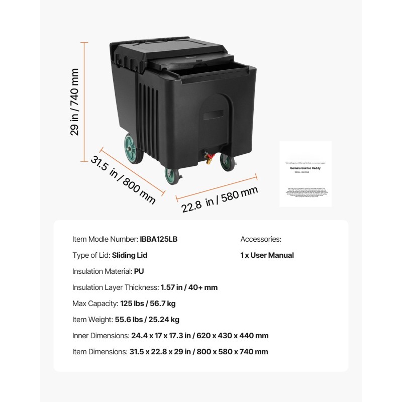 Eristetty jäätelokero kestävä muovirakenne 56,7 kg kapasiteetti 45 mm polyuretaanieriste