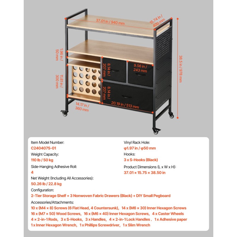 Liikuteltava askartelupöytä pyörillä musta 3 kuitukangaslaatikkoa 20 rullipidikettä 50 kg kantavuus