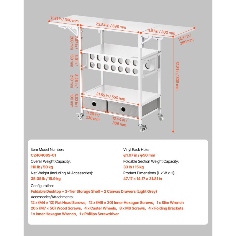 Rullaava taittuva askartelupöytä kolmitasoinen hylly kaksi kangaslaatikkoa neljätoista rullapaikkaa