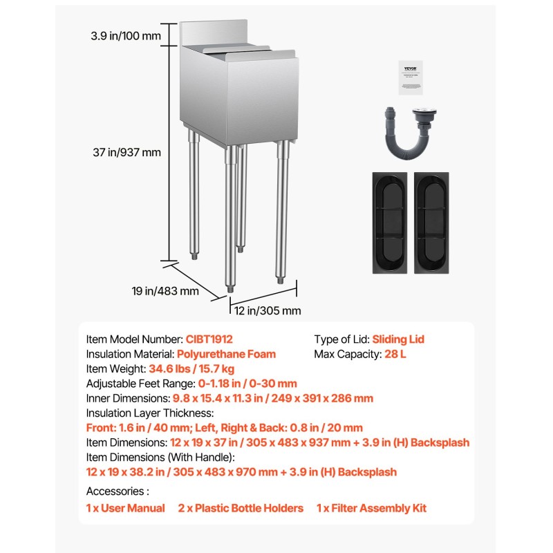 Jäähylly 28 L ruostumaton teräs ammattikäyttöön liukukansi 2 pullotelinettä
