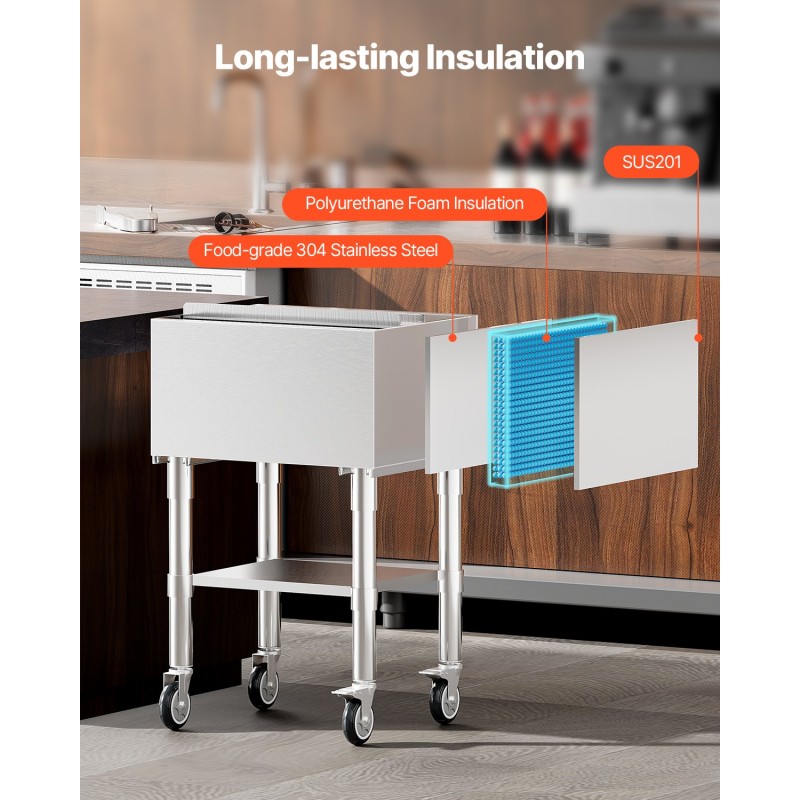 Jääsäiliö 61,6 l 304-elintarviketeräs liukuva kansi pyörillä ammattikäyttöön