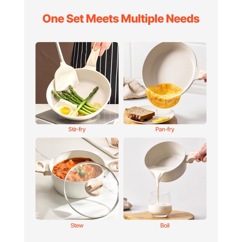 19-osainen valkoinen graniittipinnoitettu kattila- ja paistinpannasarja induktiolle karkaistuilla lasikansilla