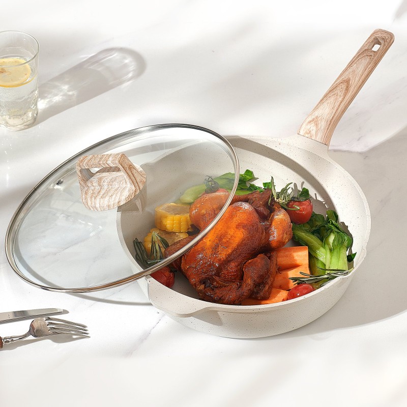 19-osainen valkoinen graniittipinnoitettu kattila- ja paistinpannasarja induktiolle karkaistuilla lasikansilla