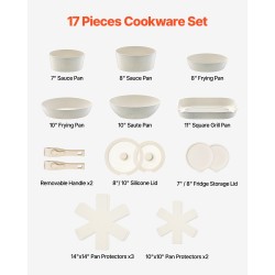 Kattila- ja paistinpannisarja 17-osainen tarttumaton induktiolle sopiva valkoinen irrotettavat kahvat