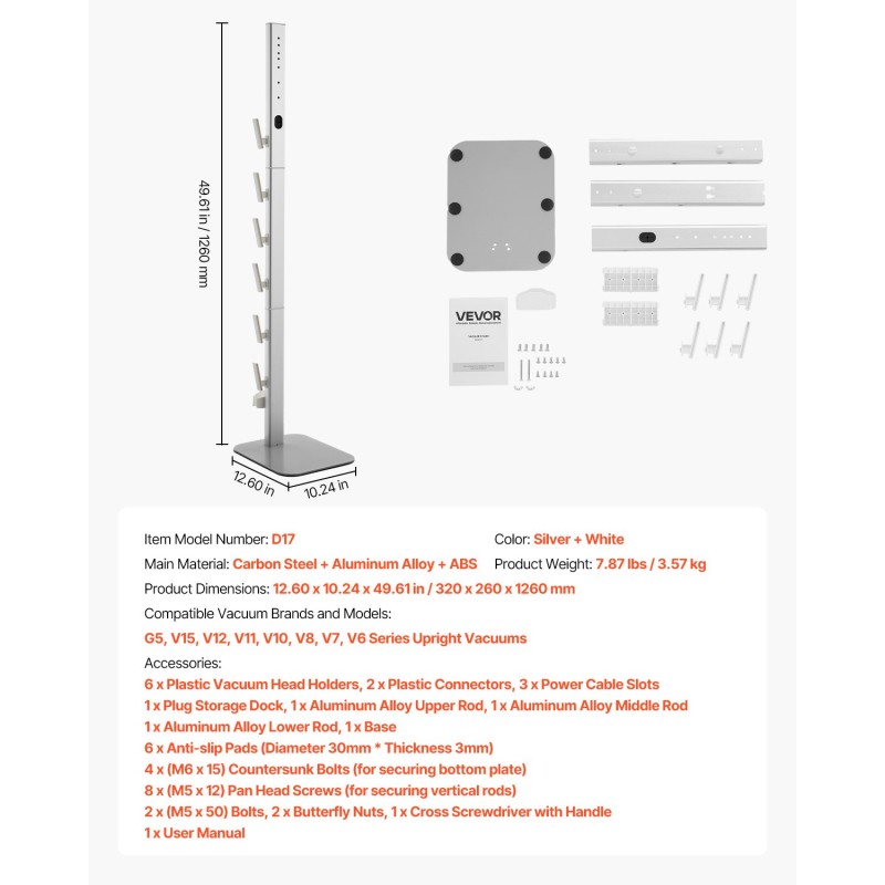 Itsekantava pölynimuriteline hiiliteräs alumiini 126 cm 6 koukkua Dyson V6-V15