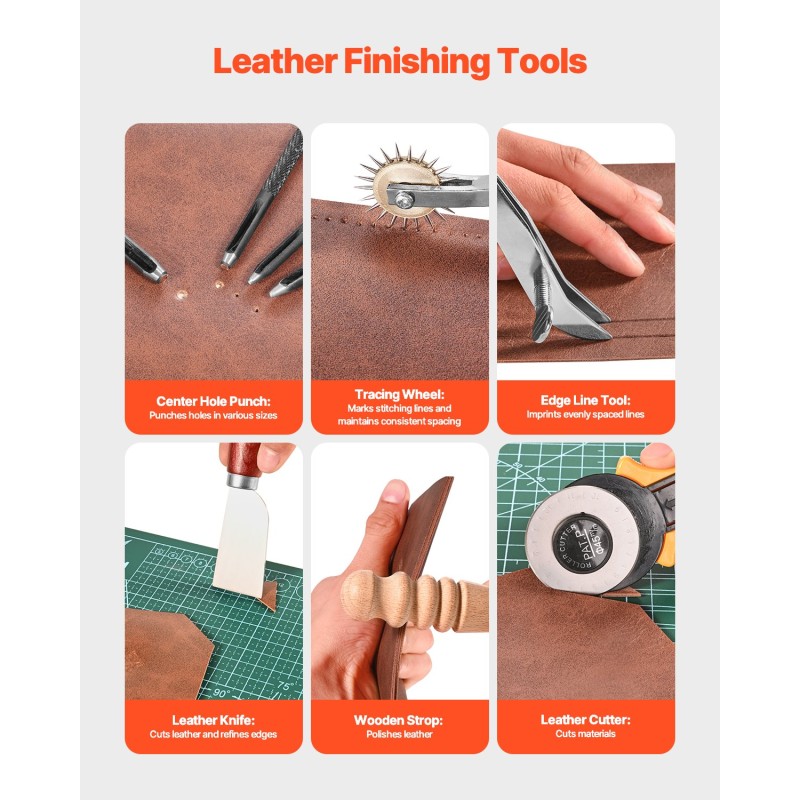 Nahkatyökalusarja 61-osainen metalliosilla ja puisilla kahvoilla kangassäilytyslaukulla nahkatöihin