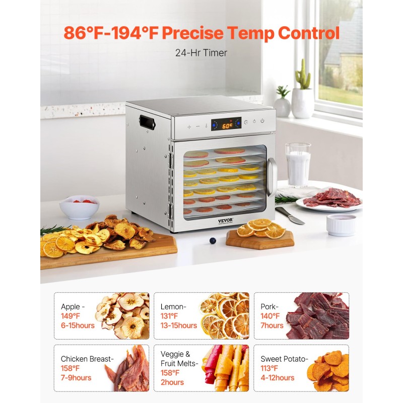 Sähköinen elintarvikekuivuri kahdeksan kerrosta ruostumattomat teräshyllyt säädettävä lämpötila digitaalinen ohjaus