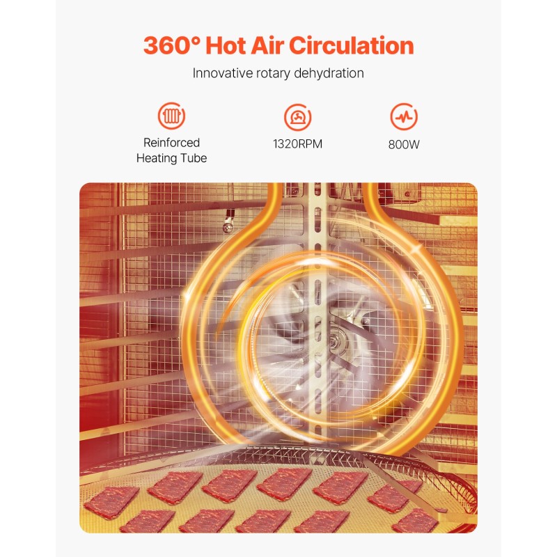 Pyörivä elintarvikekuivuri 12 ruostumattomaa tarjotinta 45,5L 30–90°C 24h ajastin