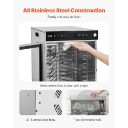 Pyörivä elintarvikekuivuri 12 ruostumattomaa tarjotinta 45,5L 30–90°C 24h ajastin