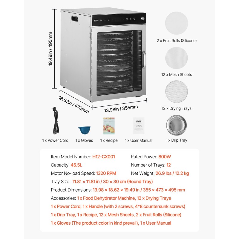 Pyörivä elintarvikekuivuri 12 ruostumattomaa tarjotinta 45,5L 30–90°C 24h ajastin