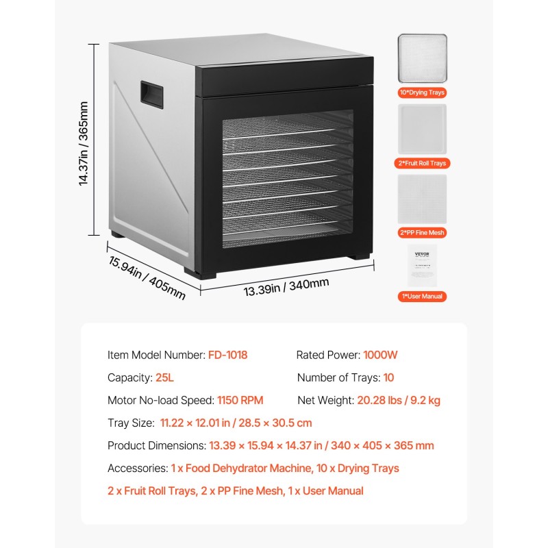 Elintarvikekuivain 1000W 10 ruostumattomasta teräksestä tehtyä tarjotinta 25L säädettävä lämpötila