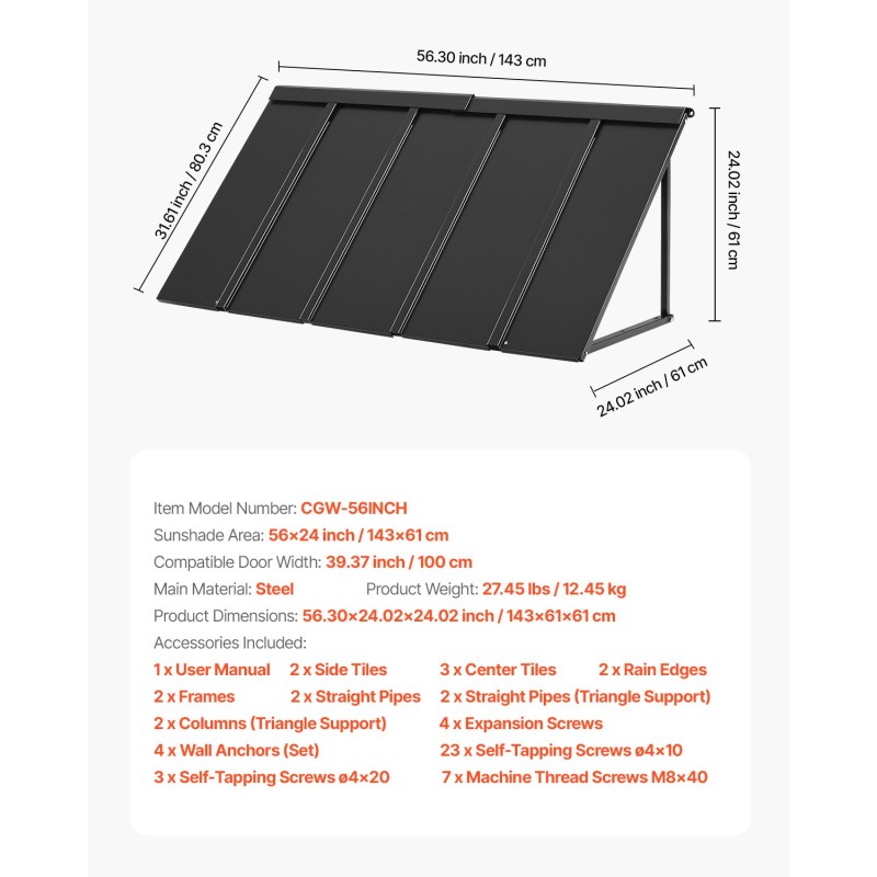 Teräs ovikatos 1430 millimetriä leveä 610 millimetriä syvä musta oville ja ikkunoille