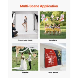 Säädettävä taustateline Q195-hiiliteräs musta korkeus 95–213 cm leveys 139–306 cm pyörällinen