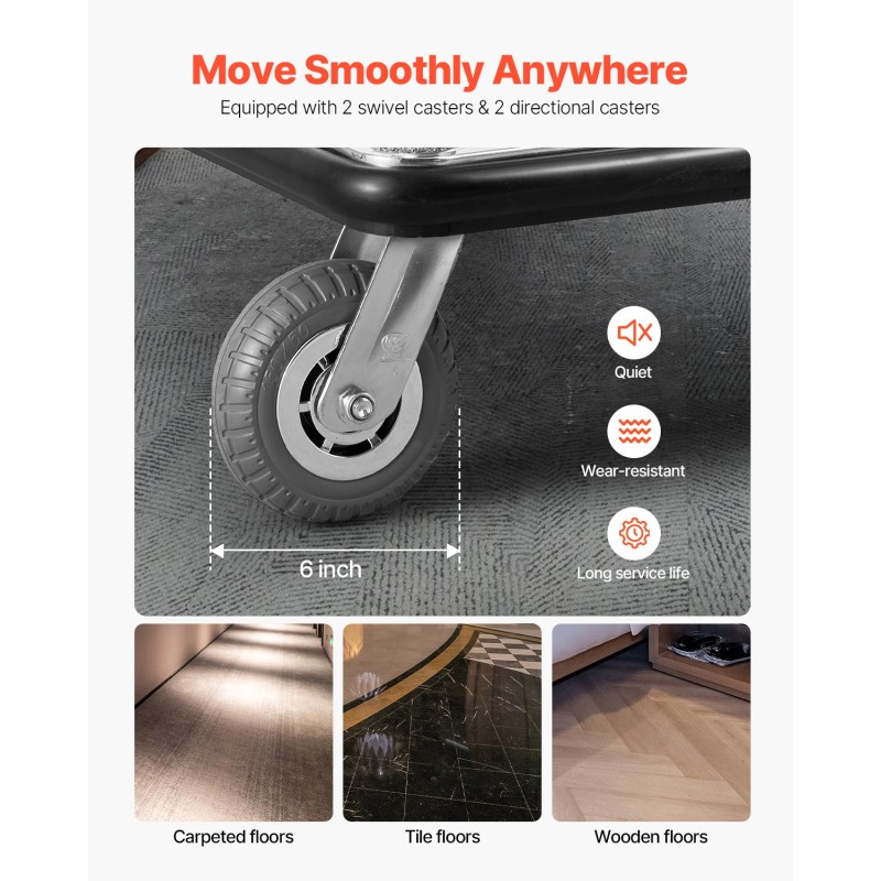 Hotellimatkatavaravaunu 340 kg kantavuus ruostumaton teräs 4 kpl 6 tuumaisia kumipyöriä