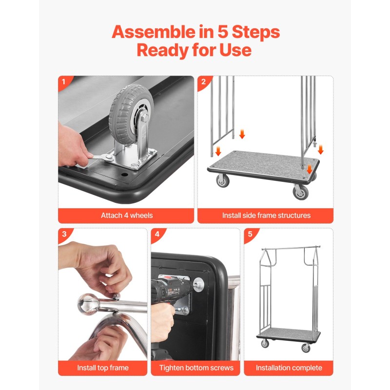 Matkatavaravaunu ruostumatonta terästä 362 kilogramman kantavuus neljällä kuuden tuuman kumipyörällä