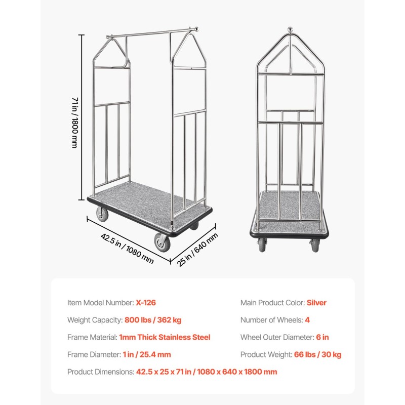 Matkatavaravaunu ruostumatonta terästä 362 kilogramman kantavuus neljällä kuuden tuuman kumipyörällä
