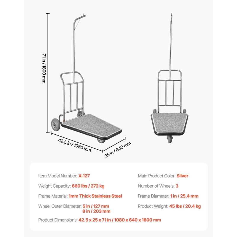 Matkatavaravaunu ruostumattomasta teräksestä 272 kg kantavuus pinoamismallinen kolmipyöräinen