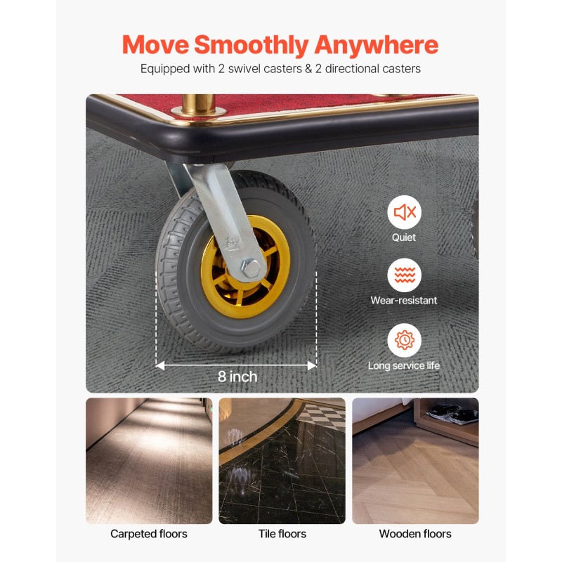 Matkatavaravaunu ruostumattomasta teräksestä 680 kg kantokyky neljällä kumipyörällä hotellikäyttöön