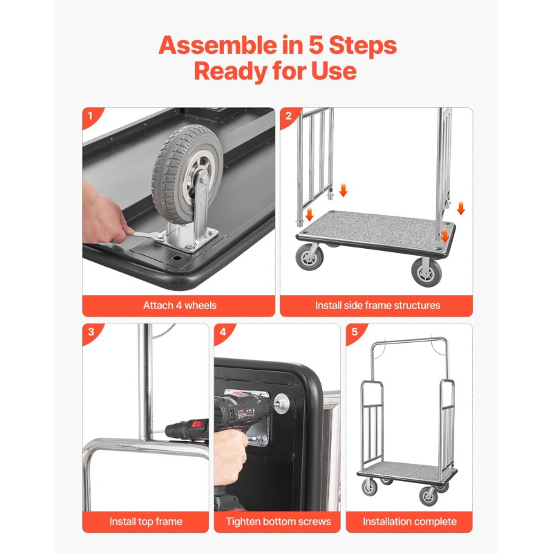 Matkatavaravaunu hotellikäyttöön ruostumattomasta teräksestä 544 kg kantavuus neljällä kumipyörällä liukumattomalla matolla