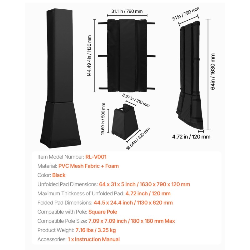 Koripallotelineen PVC-pintainen vaahtopylvässuoja neliöpylväille 152–180 mm säänkestävä