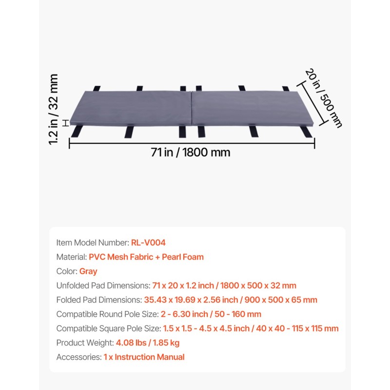 Koripallotolpan pehmuste PVC-verkkokangas helmipehmuste 1800 x 500 mm harmaa
