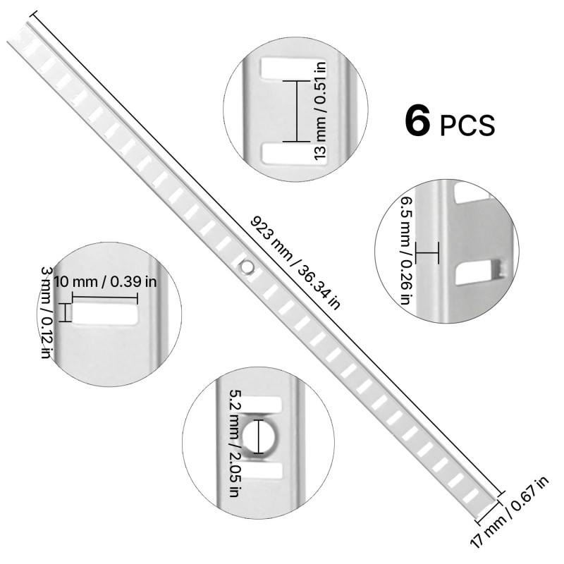 Säädettävät teräksiset hyllykiskot 923 mm 6 kpl jauhemaalattu kirkas hopea