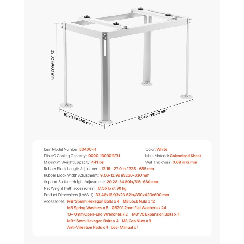 Lattiateline ilmalämpöpumpun ulkoyksikölle sinkitty teräs säädettävä korkeus 200 kg valkoinen