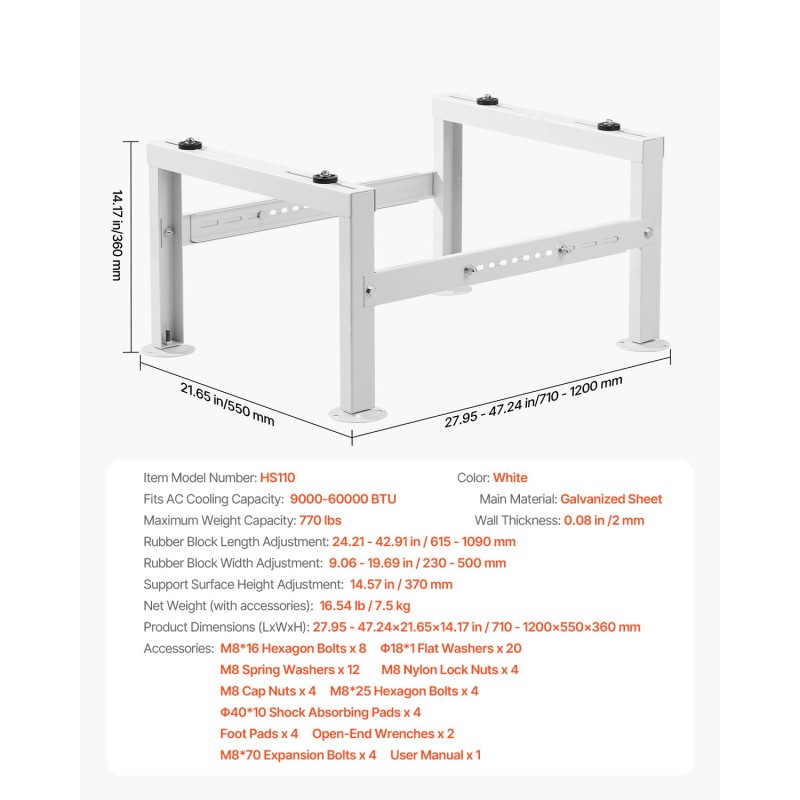 Maajalusta sinkitty teräs 710–1200 mm ulkoyksikölle 350 kg