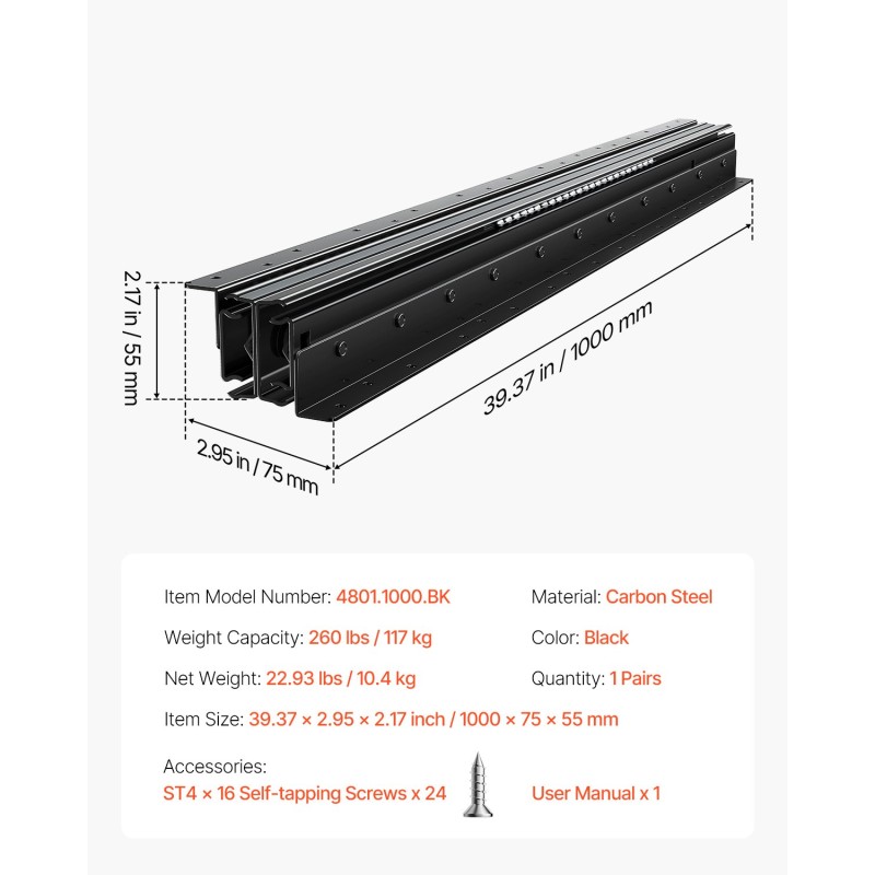Alakaapin neljäkymmenen tuuman hiiliteräksiset laatikkokiskot yksi pari musta