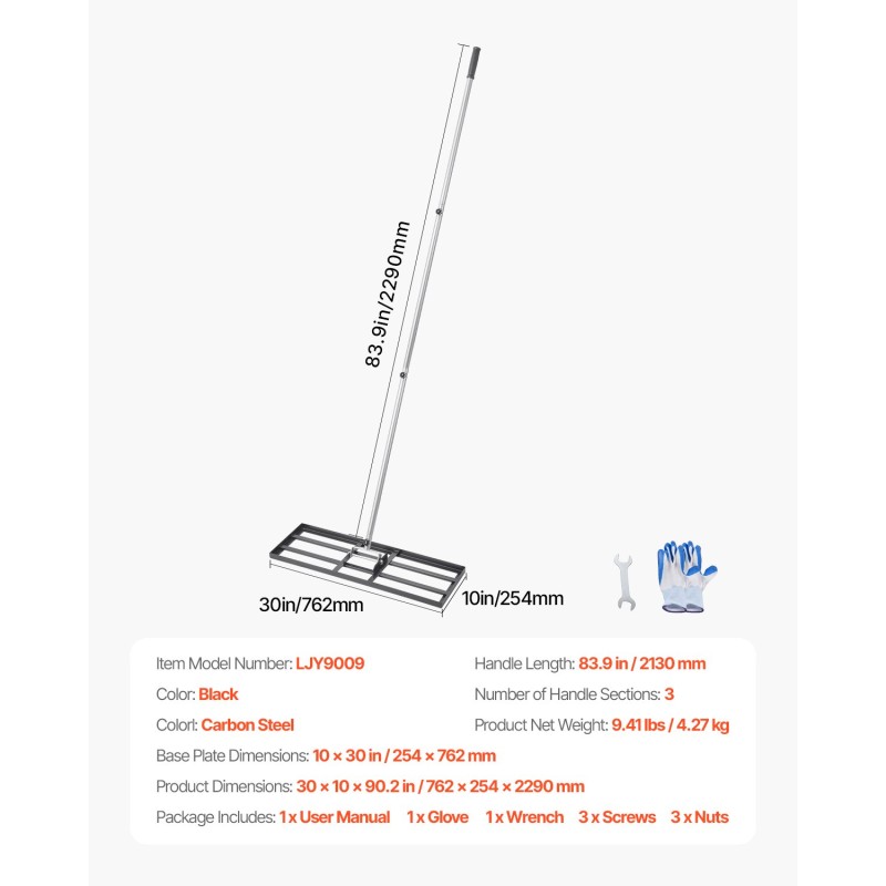 Nurmikon tasoitusharava hiiliteräs 254x762 mm pohjalevy 2130 mm varsi kolmiportaisella säädöllä