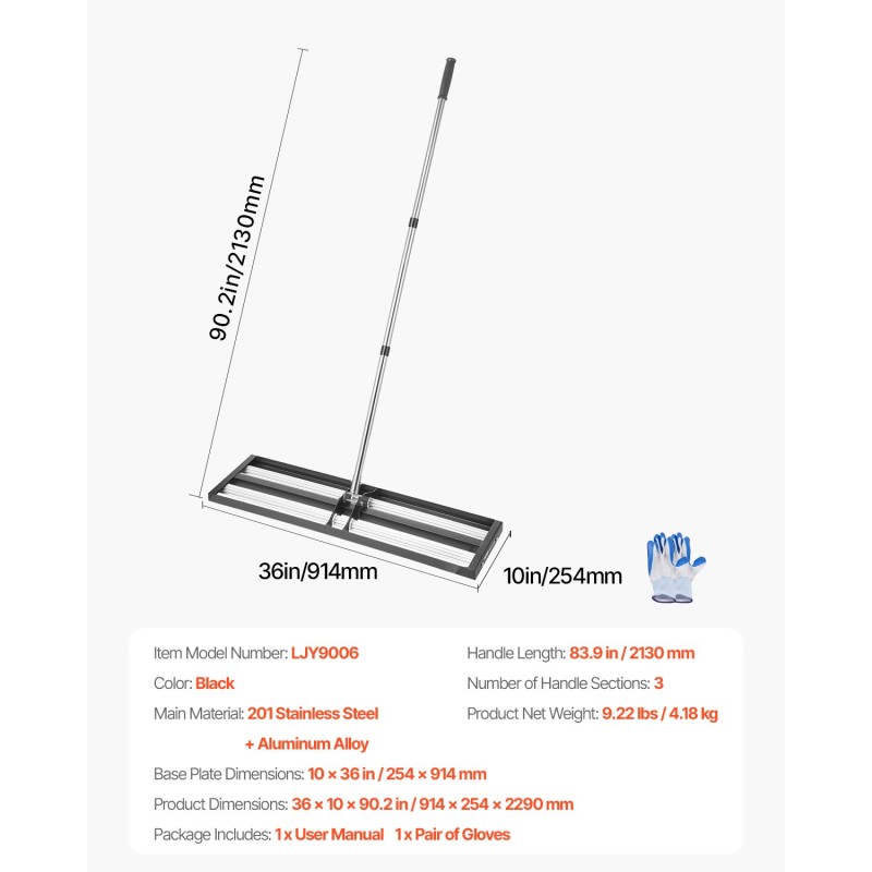 Nurmikon tasoitusharja ruostumatonta terästä 254 x 914 mm säädettävä varsi