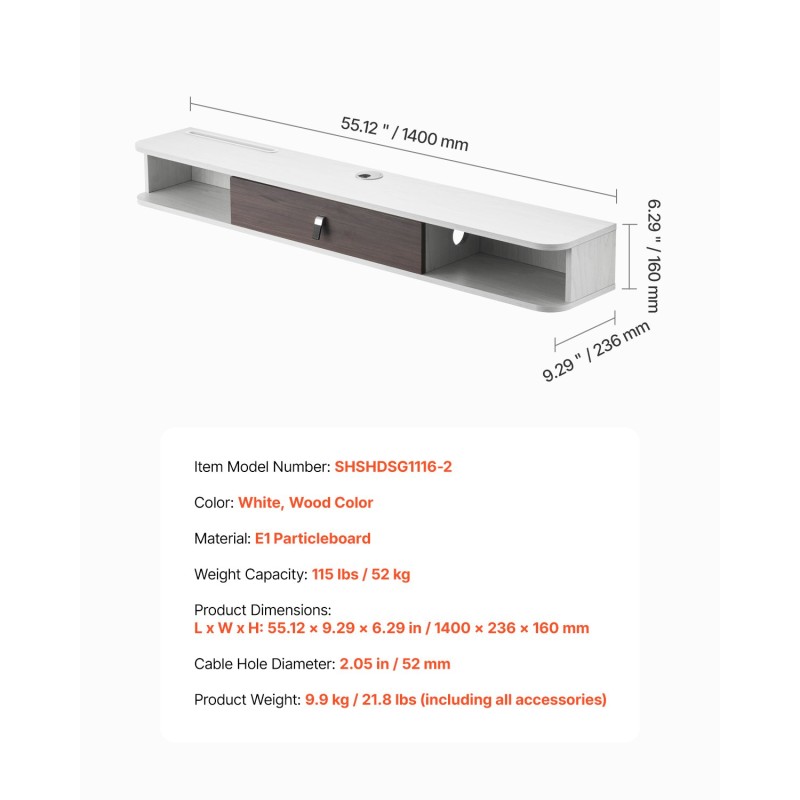 Seinäkiinnitteinen leijuvapaneelinen TV-taso 55-tuumainen E1-lastulevy valkoinen puunsävy