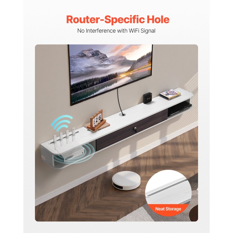 Seinäasenteinen kelluva TV-taso 1800 mm E1-lastulevy valkoinen ja puunsävy reititinpaikalla