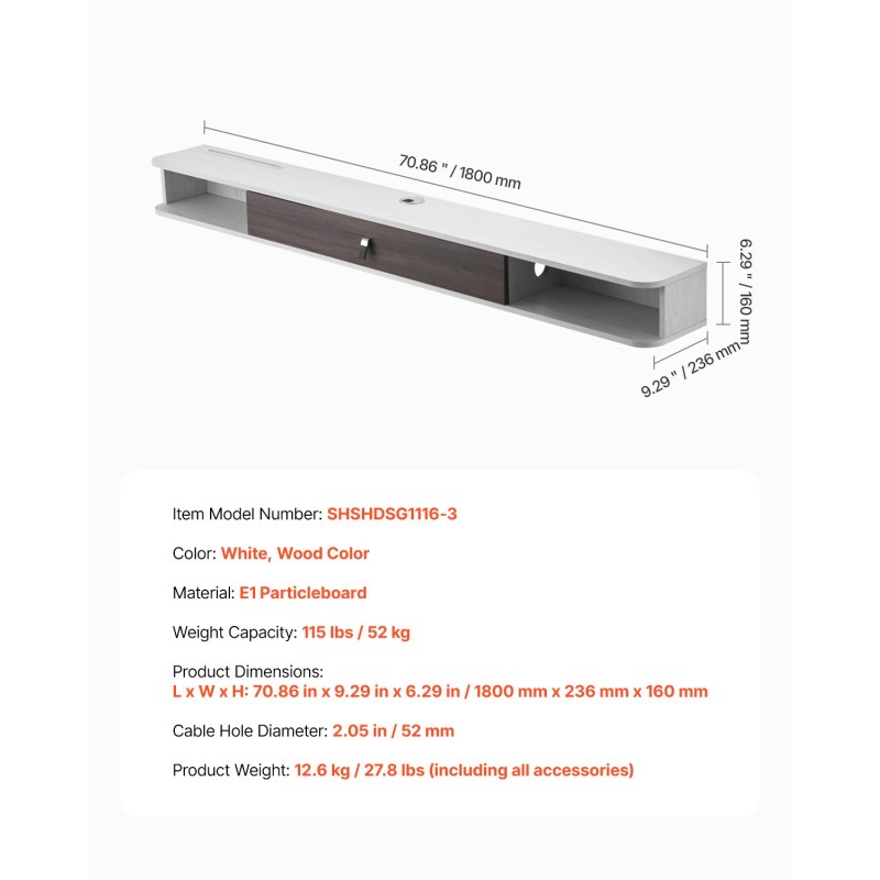 Seinäasenteinen kelluva TV-taso 1800 mm E1-lastulevy valkoinen ja puunsävy reititinpaikalla
