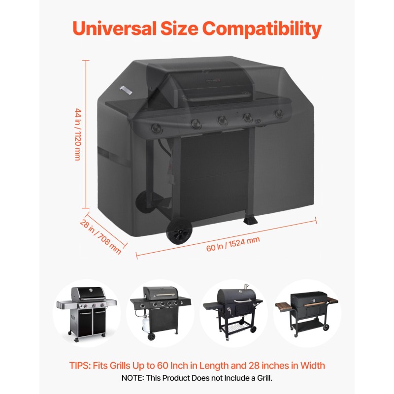 Grillinsuojus 600D polyesteri PVC-vuorilla vedenpitävä enintään 60 tuumaa pitkä 28 tuumaa leveä