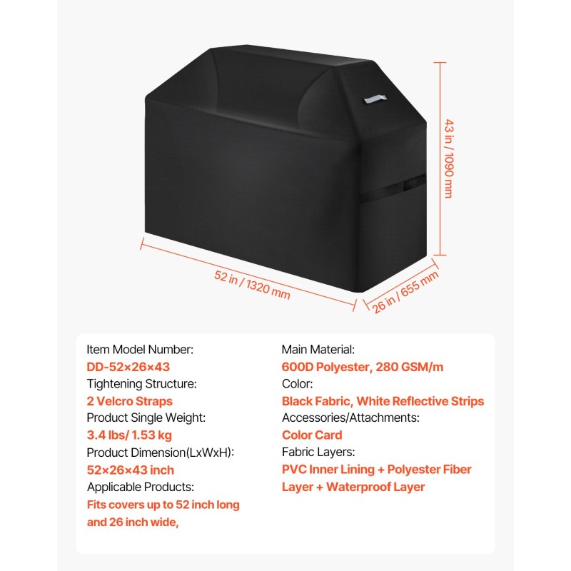Grillisuoja 600D polyesteri 3-kerroksinen vedenpitävä musta sopii 52-tuumaisille grilleille