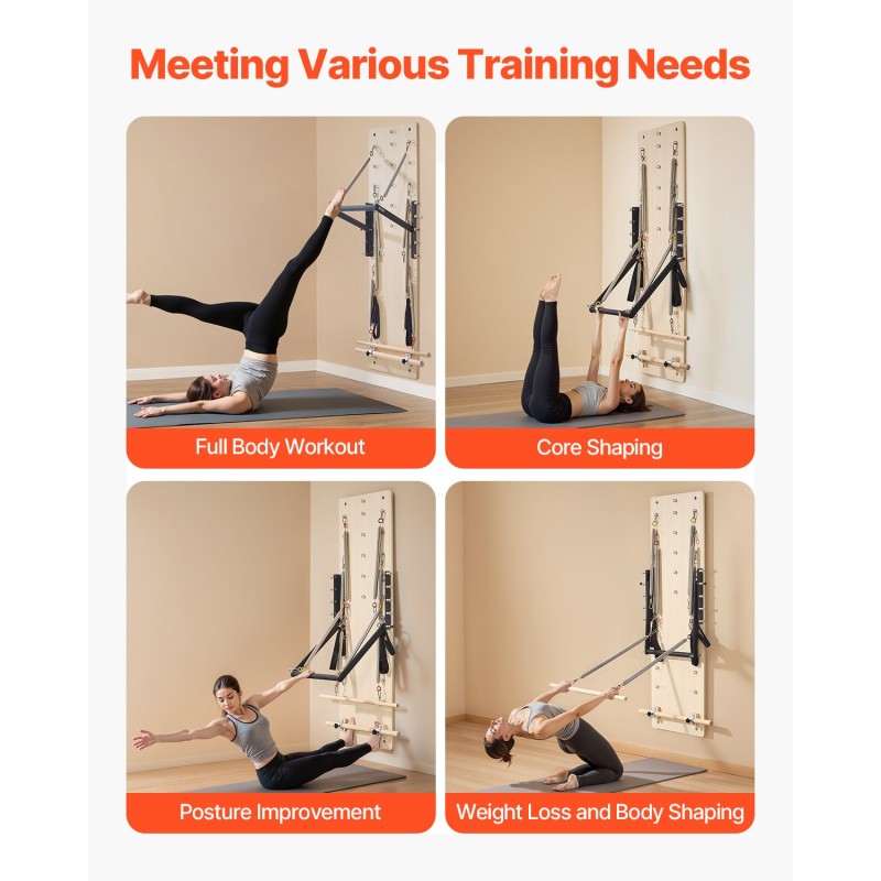 Seinälle asennettava pilates-jousiseinä vaahterapuinen 1830x560 mm 8 säädettävää vastustasoa koti- ja studiokäyttöön