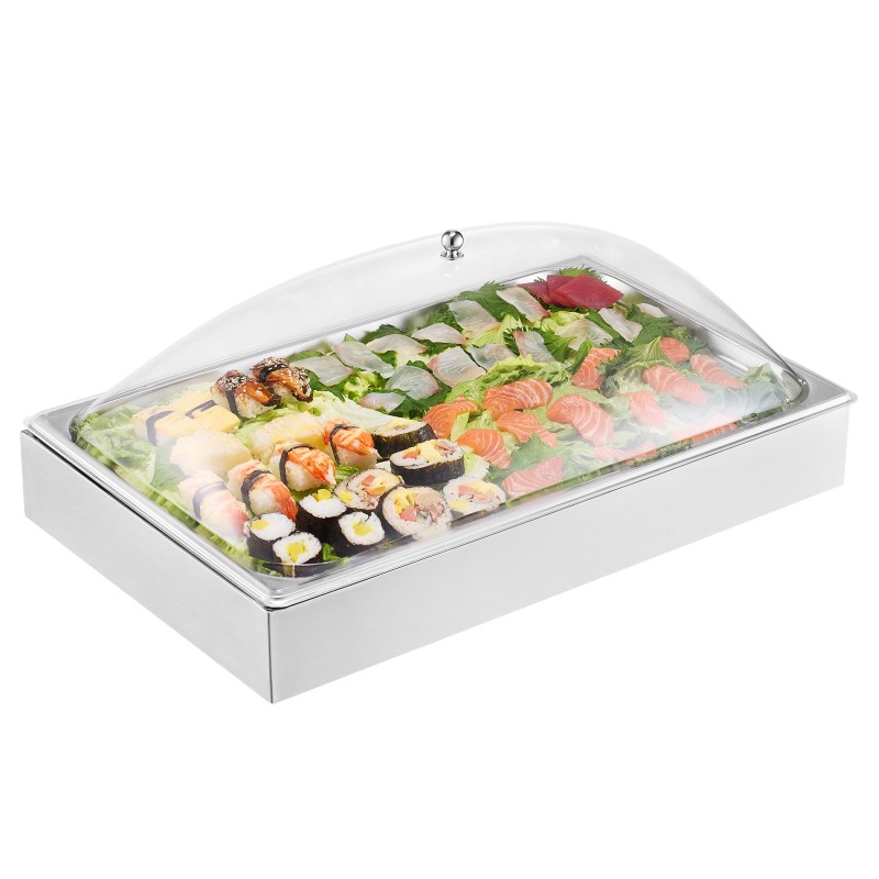 Pöytämallinen tarjoiluastia ruostumatonta terästä yksi lokero kahdeksan litran jäävati läpinäkyvä kaarikansi