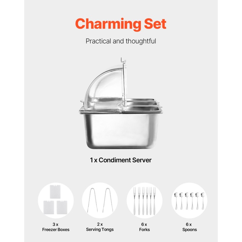 Pöytämallinen 6-osastoinen ruostumaton teräs tarjoiluastia 1,6 litraa osastoa kohden