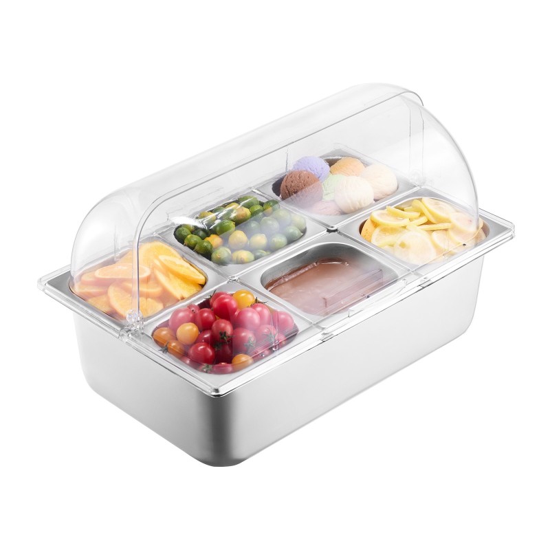 Pöytämallinen 6-osastoinen ruostumaton teräs tarjoiluastia 1,6 litraa osastoa kohden