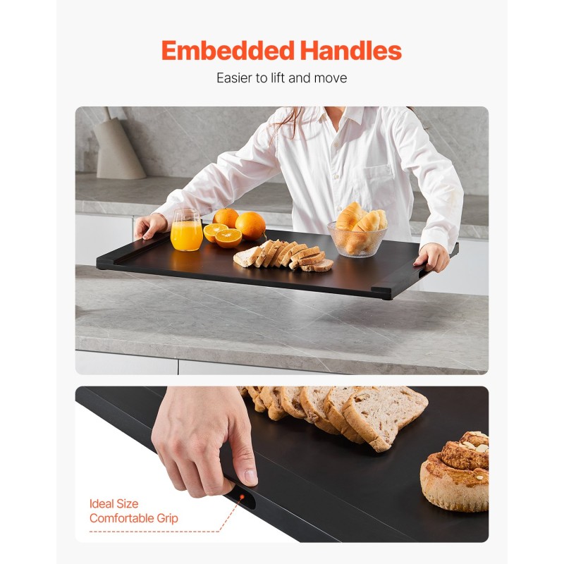 Liesisuojus ja leikkuulauta mäntypuuta 76x56 cm kaasu- ja sähköliedelle integroiduilla alumiinikahvoilla