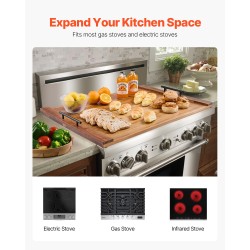 Akaasiapuinen liesitasosuoja ja leikkuulauta 76 x 56 cm alumiinikahvoilla keittiöön