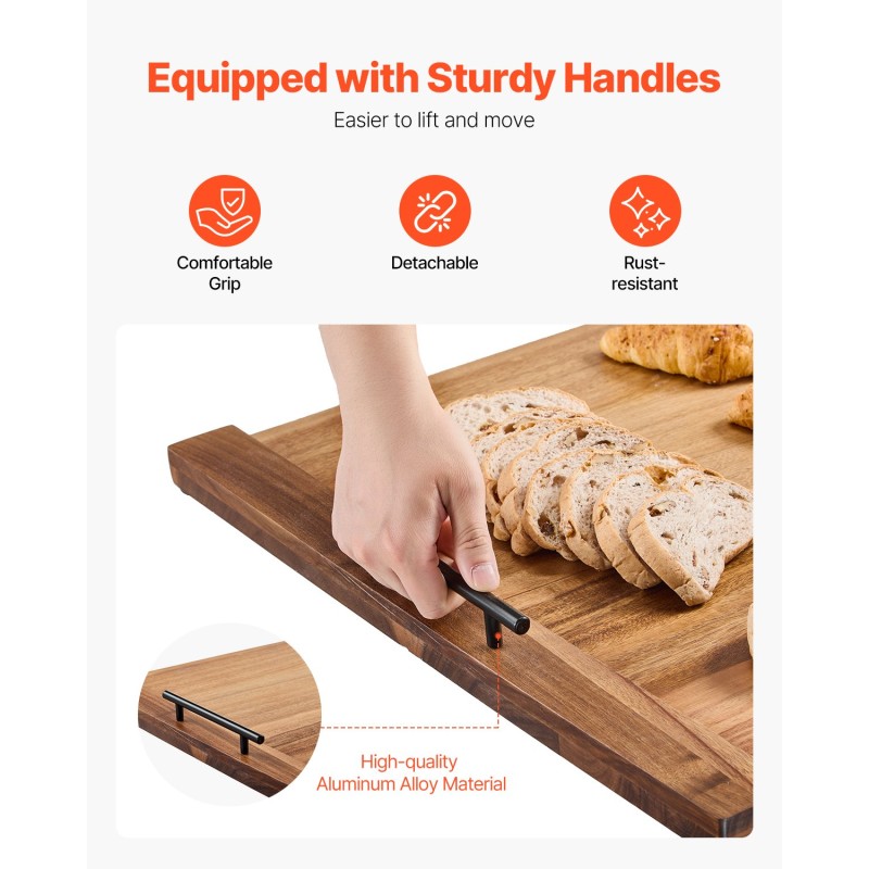 Akaasiapuinen liesitasosuoja ja leikkuulauta 76 x 56 cm alumiinikahvoilla keittiöön