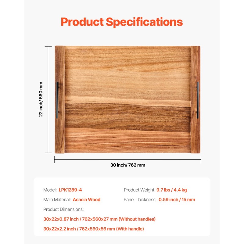 Akaasiapuinen liesitasosuoja ja leikkuulauta 76 x 56 cm alumiinikahvoilla keittiöön