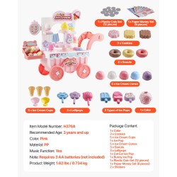 Leikkijäätelökärry 27-osainen PP-muovinen vaaleanpunainen valot ja musiikki 3+ vuotta