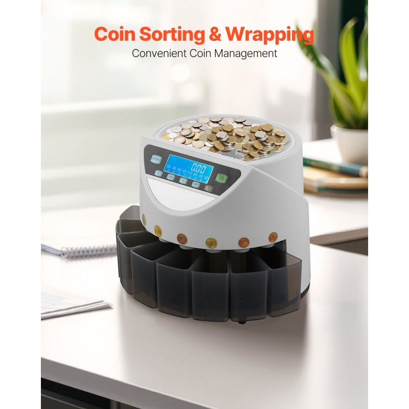 Kolikkolaskuri ja lajittelija 8 eri eurokolikolle 850 kolikon säiliö 147 kolikkoa minuutissa