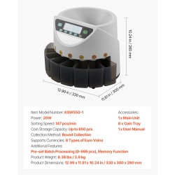 Kolikkolaskuri ja lajittelija 8 eri eurokolikolle 850 kolikon säiliö 147 kolikkoa minuutissa