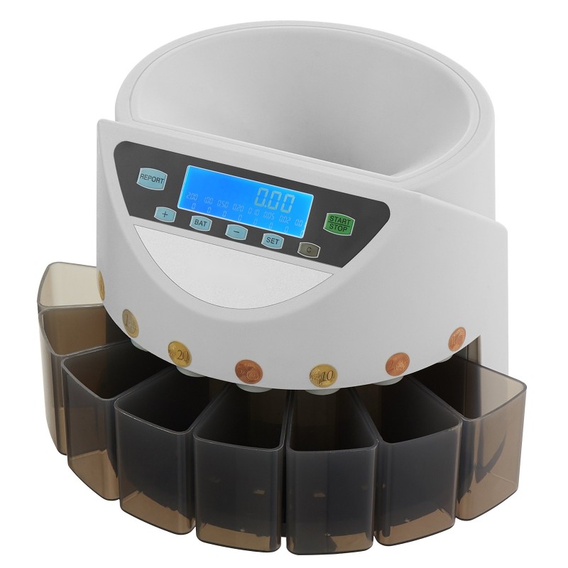 Kolikkolaskuri ja lajittelija 8 eri eurokolikolle 850 kolikon säiliö 147 kolikkoa minuutissa